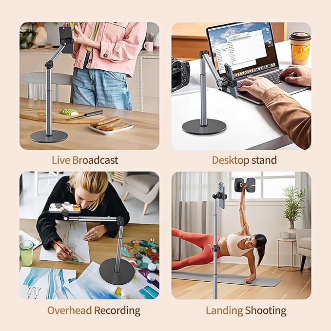 yAyusi Heavy Duty Aluminum Overhead Tripod for iPhone, 13.7 in Long Overhead Phone Mount, Flexible Articulating Arm Phone Mount for Desk for Live Streaming, Meeting, Cooking