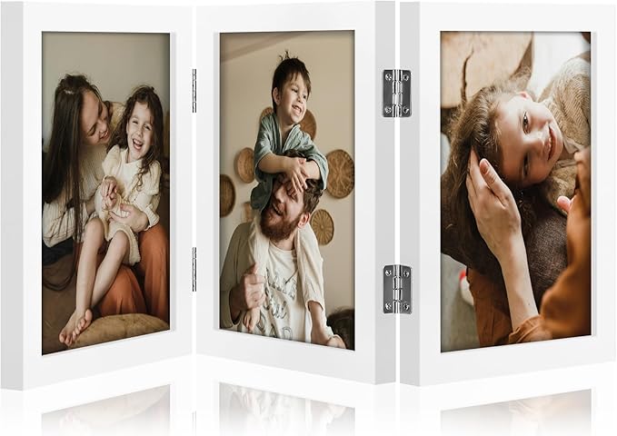 decorUhome Triple 5x7 Picture Frame Vertical, Engineered Wood Trifold Photo Frame with Plexiglass for Tabletop Display, 5x7, White