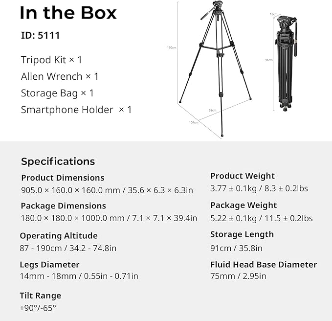 SmallRig Heavy-Duty Carbon Fiber Tripod with FreeSpeed One-Step Height Adjust, 75" Tall, Fluid Head, Dual-Mode QR Plate for DJI/MFT, Load up to 17lbs, Professional Video Tripod for Camera AD-80S
