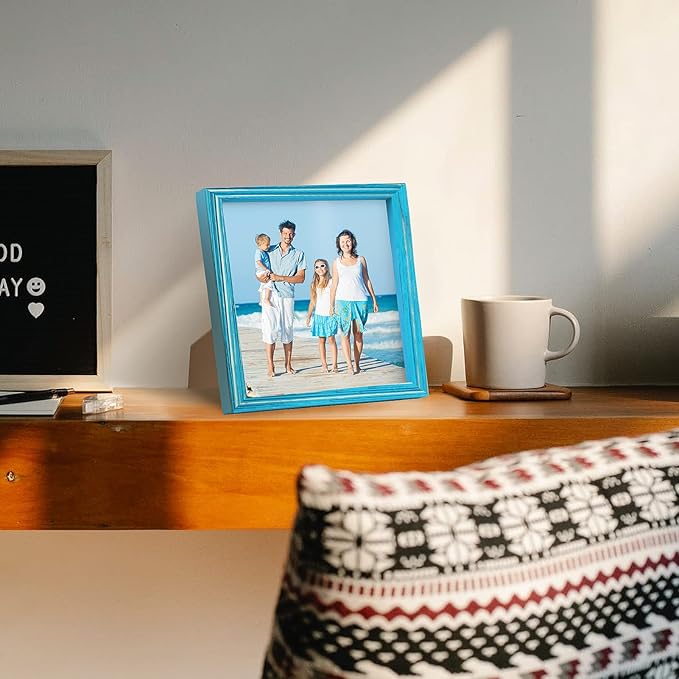 Rustic Wood 8 x 8 Picture Frame Wooden Square Blue Photo Frame with HD Glass Horizontal & Vertical Formats for Wall Mounting or Tabletop Display Gift Family Farmhouse Office Beach Gallery Home Decor