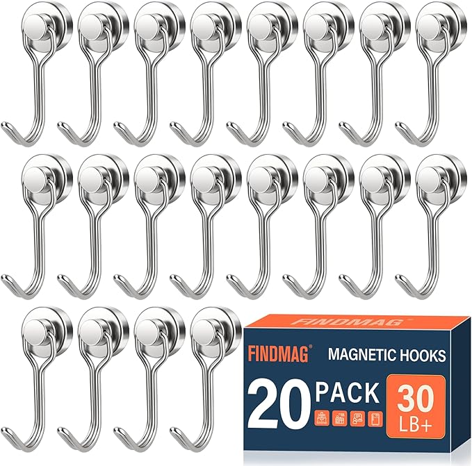 FINDMAG Magnetic Hooks, 30lbs+ Magnetic Hooks Cruise Ship Essentials 2026 Strong Magnet Hooks Heavy Duty, Swivel Swing Hooks for Fridge, Kitchen, Classroom, Garage, Grill (20 Pack, Silver)