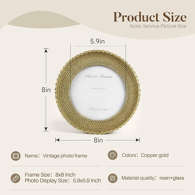 Cuspin Vintage Gold Picture Frame 6x6 Round Frame, Rattan Textured Hand-Crafted Resin Photo Frame with Glass Front, 6 inch Circle Frame for Tabletop Display & Wall Hanging, Retro Design Home Decor