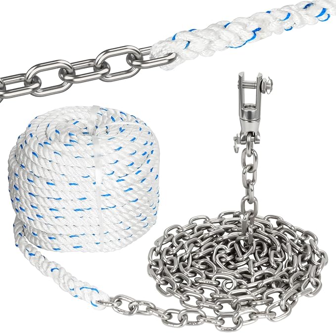 Windlass Anchor Rode, 1/2" Anchor Rope/line 100ft with 1/4" Anchor Chain 10ft and Swivel Connector, G4 316 Stainless Steel Short-Link Marine Chain with 3-Strand Nylon Rope