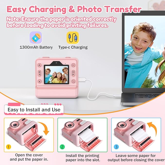 Kids Camera Instant Print, Christmas Birthday Gifts for Girls Age 3-12, Dual-Lens Selfie Camera for Kids with 1080P Videos, 2.4 Inch Screen, 32GB SD Cards & 3 Rolls Print Paper