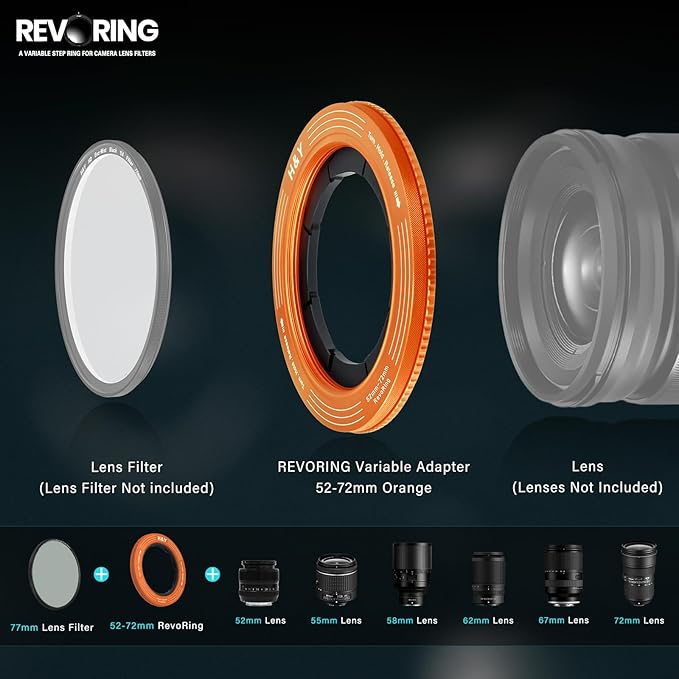H&Y RevoRing Adjustable Step Up Ring 52-72mm to 77mm, Variable Lens Filter Adapter Ring, Universal Stepping System fits 52 55 58 62 67 72mm, Orange