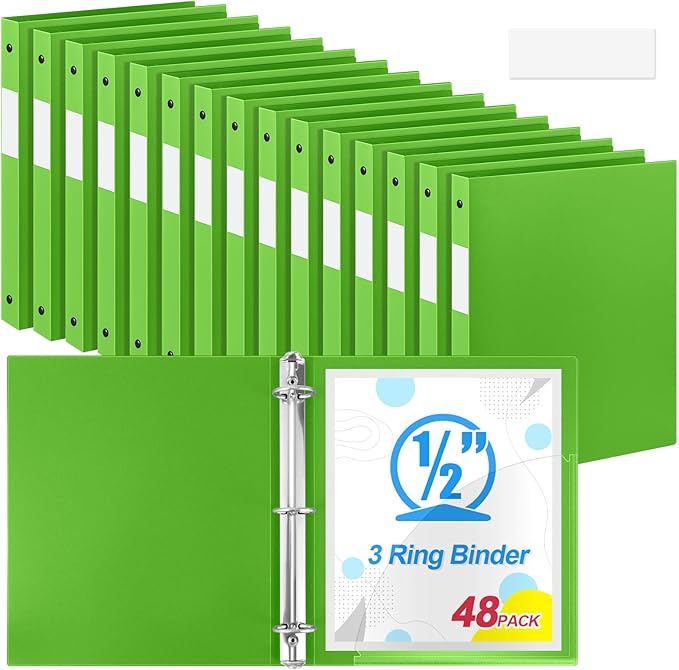 Henoyso 48 Pcs 3 Ring Binder 1/2'' Round Fits Letter Size 8.5'' x 11'' Paper Plastic Flexible Binder Holds 140 Sheets with 1 Pockets Versatile Organizer for Home Office School (Tender Green)