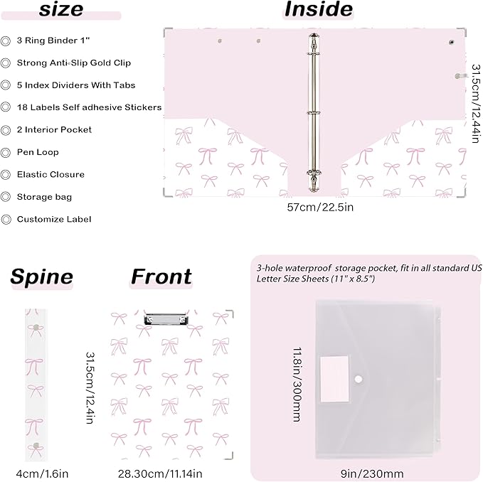 Etzul 3 Ring Binder 1 inch with Clipboard - White & Pink Bow Design, Includes Dividers, File Bag & Spine Label - Classic and Elegant for School or Work, Holographic Waterproof Film