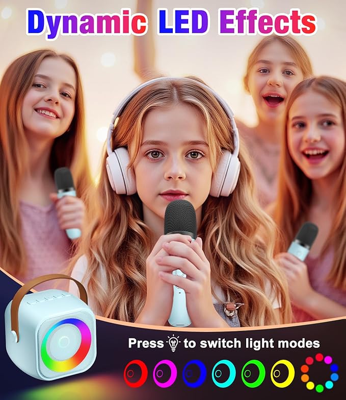 Mini Karaoke Machine, Portable Bluetooth Speaker with 2 Wireless Microphones for Kids & Adults, Karaoke Microphone with LED Lights, Gifts for Girls & Boys_Blue