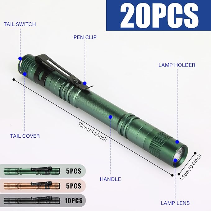 Hortsun 20 Pcs Mini Pen Light Flashlights Christmas Gifts for Men Pocket Flashlights Pen with Clip Small LED Handheld Slim Torches Without Battery(5.12 Inch,Black, Brown, Green)