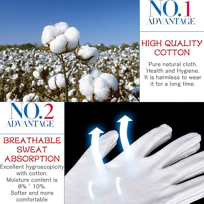 YITIAOYU 24 Pairs Soft White Cotton Gloves for Moisturizing Eczema Sleep Treatment, and Archival Inspection Handling of Coins, Jewelry, Silver, and Costume Artifacts (XL)