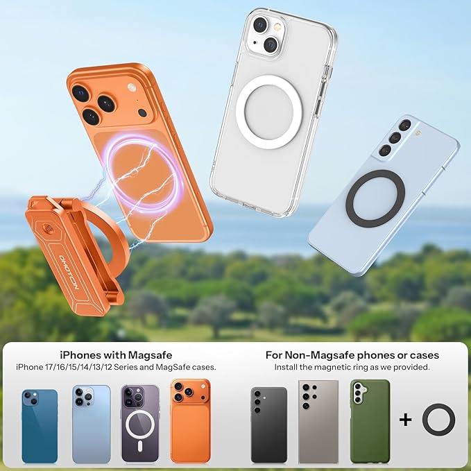 OMOTON CV08 Magnetic Golf Cart Phone Mount with [1/4” Screw + 5.6” Extendable Arm], 360° Rotatable Holder, Strong Magnets for iPhone & Samsung, Fits EZ-GO/Club Car, Includes Pouch & Strap (Orange)