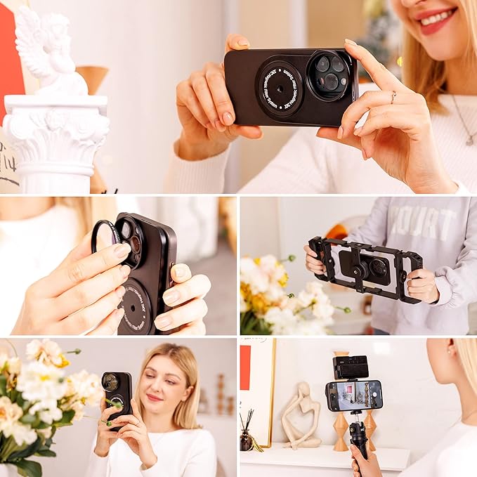 JJC 49mm Magnetic Lens Filter Mount Adapter for iPhone 13 Pro 14 Pro 15 Pro with MagSafe Case, Magnetic Filter System with Cold Shoe Mounts & Anti-Reflection Silicone Lens Hood (Filters Not Included)