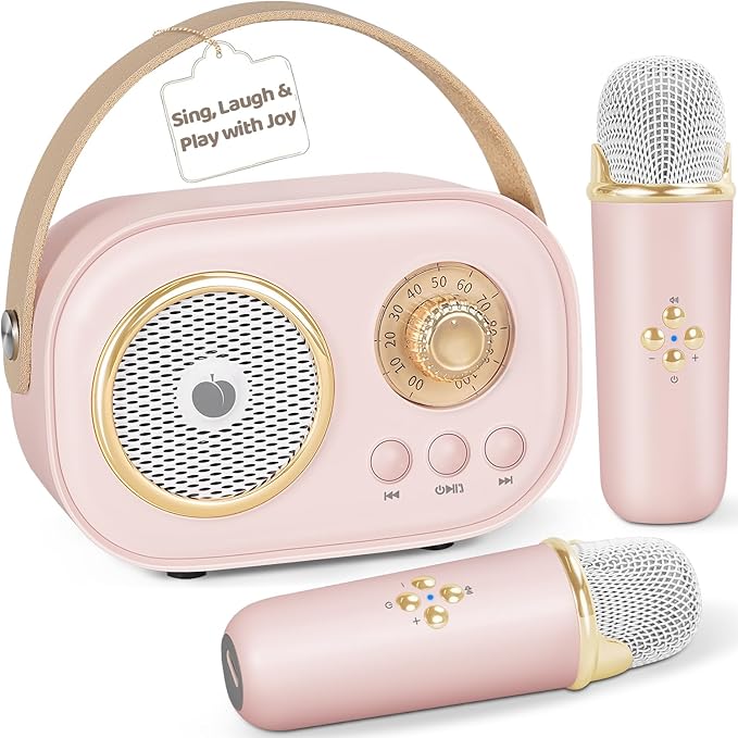 PRUNUS C20 Mini Karaoke Machine,Valentines Day Gifts for Her Him Kids Mens,Portable Bluetooth Speaker with 2 Wireless Microphone for Boys Girls 3-12+ Years Old Birthday Party Pink