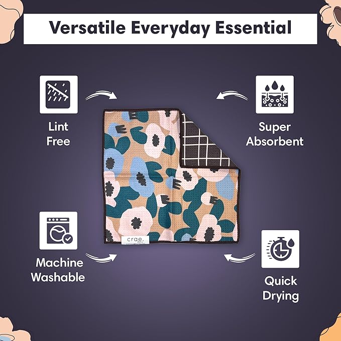 crae. Reversible Microfiber Washcloths 12x12 – Super Absorbent, Quick Drying Waffle Weave – Lint-Free, Scratch-Free Cleaning Cloths for Kitchen, Home, Cars & Windows (Lilly Plaid- Cream/Multi)