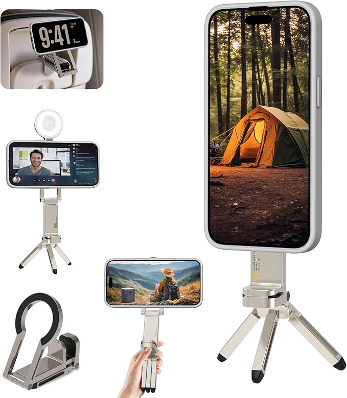 Hualele Magnetic Phone Tripod Stand for Magsafe Accessories - Mini Pocket Cell Phone Stand Strong Quick Mount Phone Holder Travel Essentials for Cell Phone Video Recording Camera Mounts, Silver