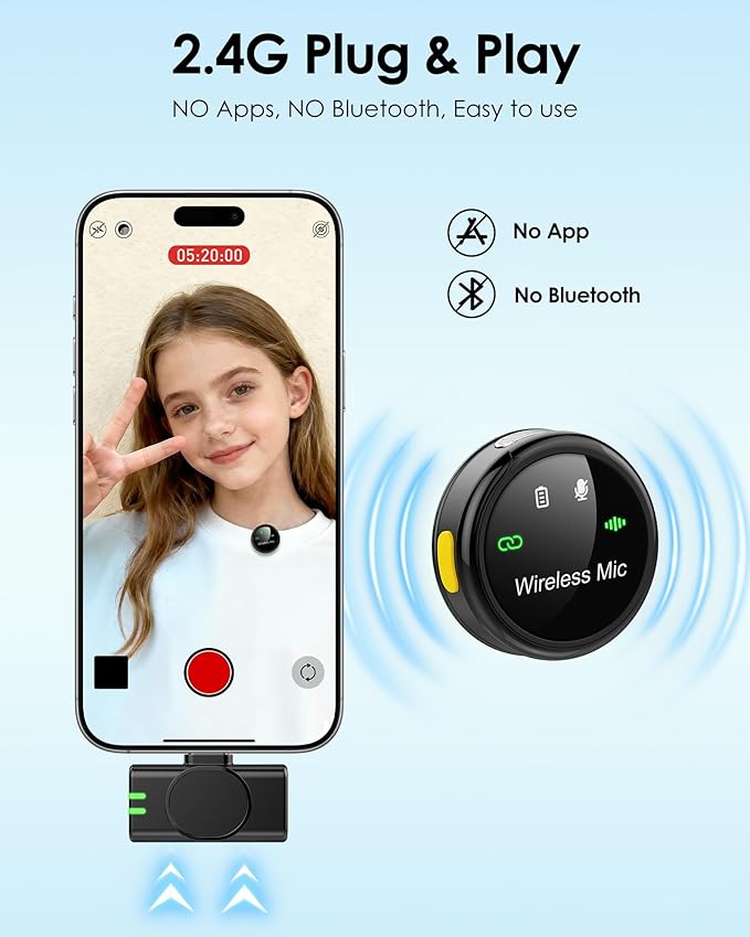 J7 Wireless Lavalier Microphone for iPhone, iPad and Android(Lightning/USB C), Mini Microphones 30 H Battery Life, 2 Pack Round Mini Mics for Video Recording YouTube TikTok Content Creator