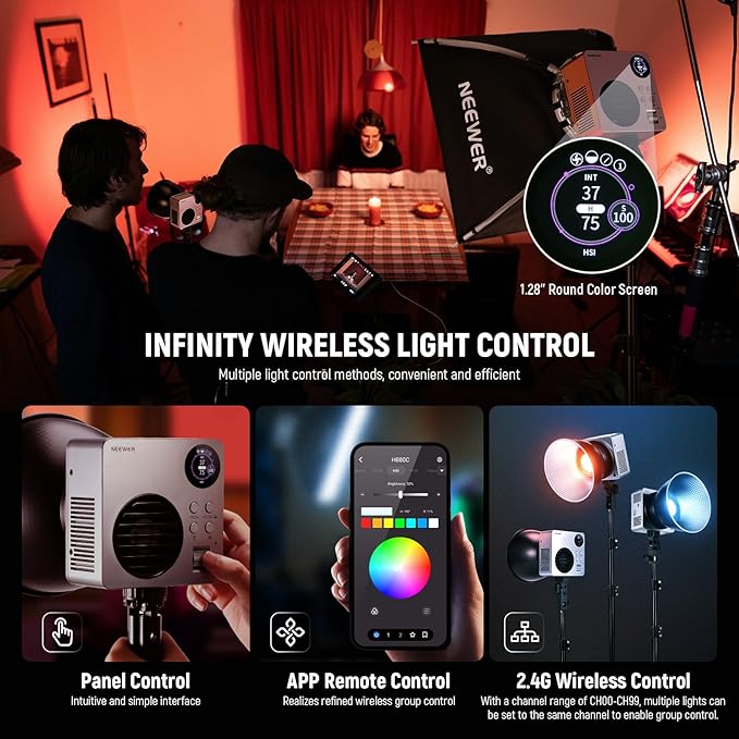 NEEWER HB80C 80W RGBWW LED Video Light with 72Wh Battery & 100W PD Fast Charging, 10400lux/m Brightness, 2500K-7500K CCT, 18 Lighting Effects, Bowens Spotlight for Studio Photography & Video Recording