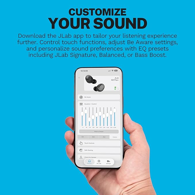 JLab Go Air Pop+ True Wireless Earbuds, in Ear Headphones, Bluetooth Earphones, 35H Playtime Ear Buds, Bluetooth Earbuds with Microphone, USB-C Charging Case, Dual Connect, EQ3 Sound, Clear