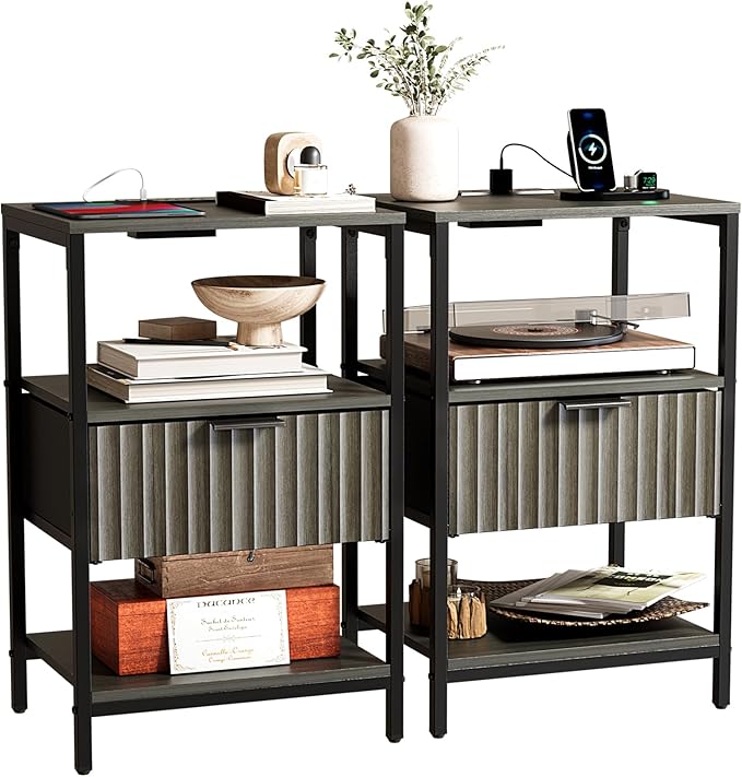 Bonnlo Fluted Nightstand Set of 2, End Table with Fabric Drawer with Charging Station, Night Stand with Storage Shelf & Handle, Fluted Side Table for Bedroom/Living Room,Grey