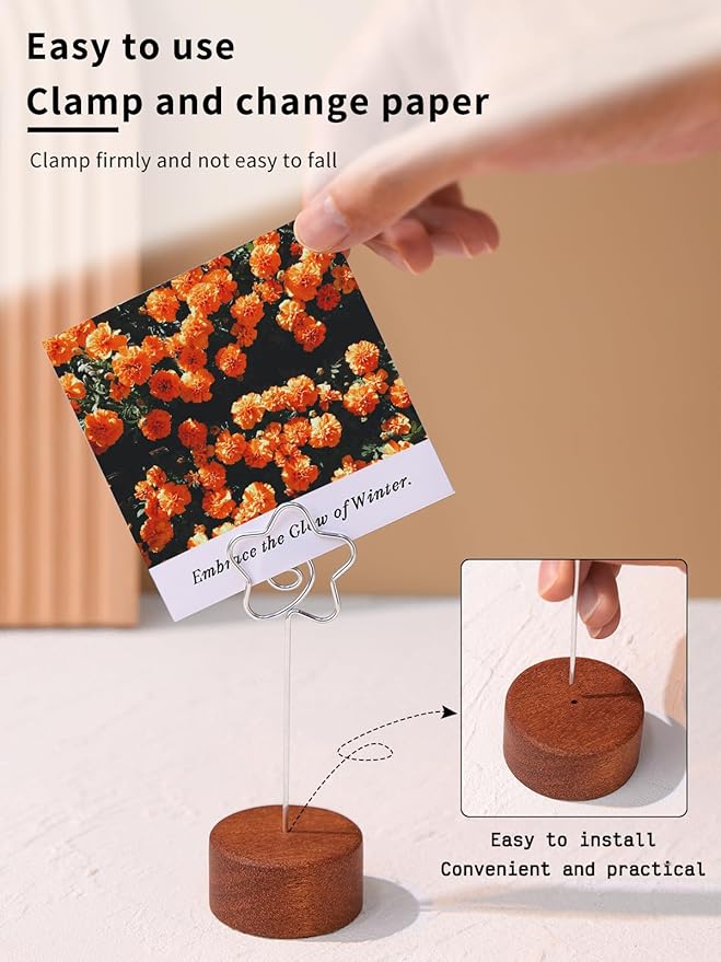 Wood Place Card Holders with Metal Clip 6Pack, 4.3" Tall Table Number/Name Sign Holder, Memo Card Photo Picture Note Clip Stands for Party Restaurant (Silver Flower)
