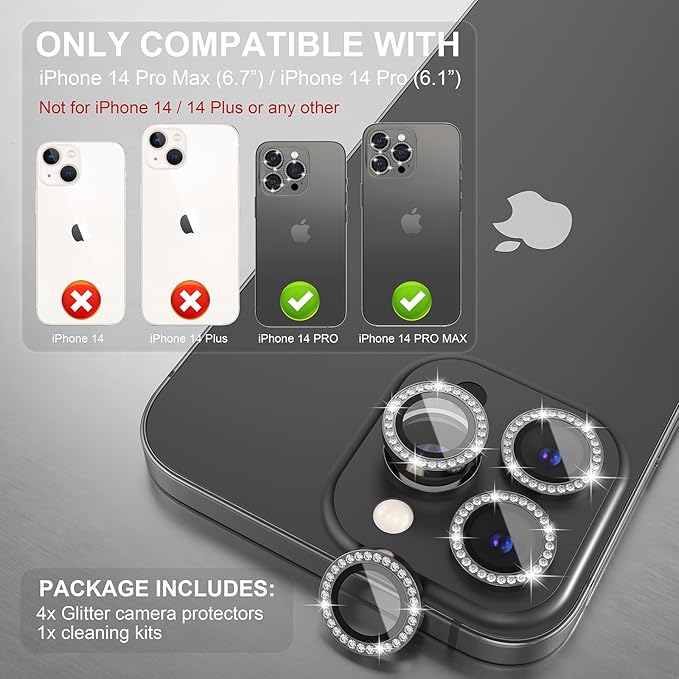 Choiche Compatible for iPhone 14 Pro/iPhone 14 Pro Max Camera Lens Protector Bling, 9H Tempered Glass Camera Cover Screen Protector Metal Ring Decoration Accessories (Diamond-Black)