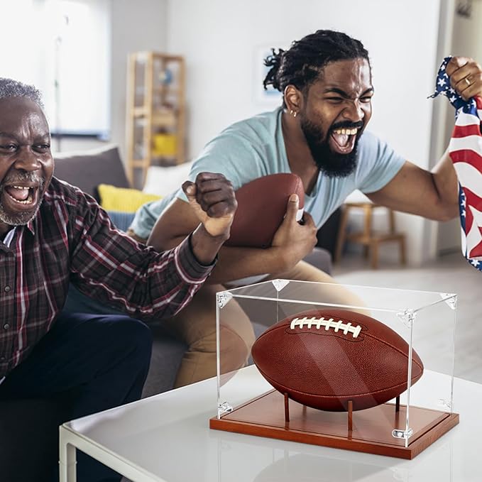 Clear Acrylic Football Display Case with Wood Base & Tee, Memorabilia Stand Cube Holder, Dust Protection Transparent Storage Box for Single Ball Souvenir Football Collections