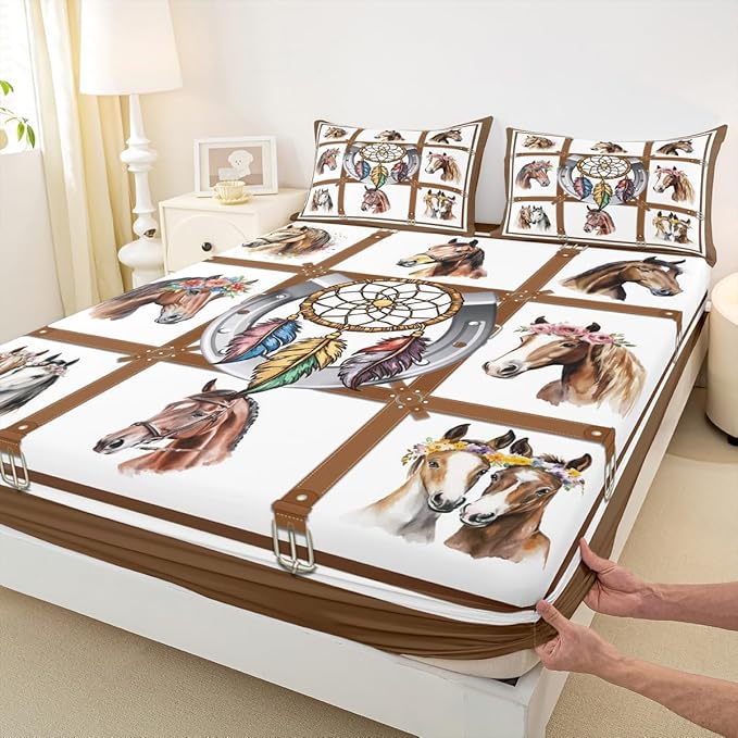 Erosebridal Horse Sheets Cowboys Western Brown Horse Print Bed Sheets Cowgirls Rustic Farmhouse Decor Fitted Sheet Grids Patchwork Flat Sheet Dream Catcher Feather Bedding Sets Twin Size 3 Pcs