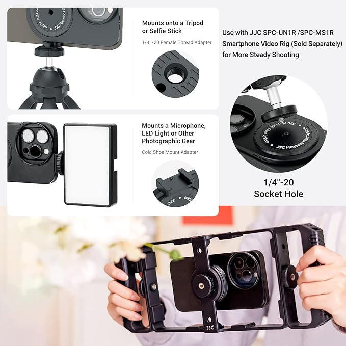 49mm Lens Filter Adapter Mount for iPhone 16/15/14/13 Pro 16/15/14/13 Without case, Double-Sided Magnetic Phone Filter System with Lens Hood for ND UV CPL, 1/4-20" Screw & Cold Shoe Mount (No Filter