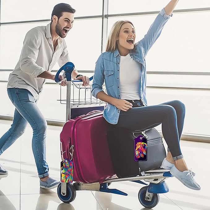 Colorful Pop Art Lion PU Leather Luggage Tags for Suitcase, Travel Cruise 2 Pack with Privacy Flap, Name ID Label and Metal Loop for Women Men Girls Baggage Backpack