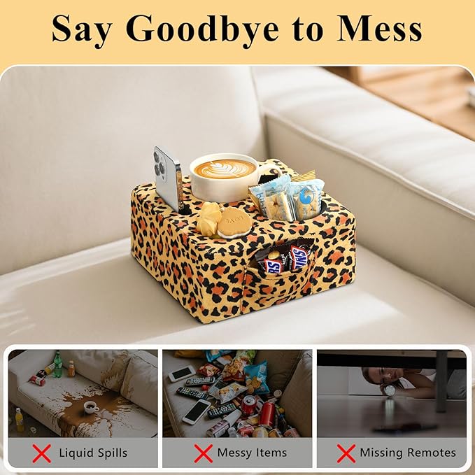 Luxspire Couch Cup Holder Tray, Couch Cup Holder Pillow with 4 Holes, Side Pocket and Handle, Couch Caddy Pillow for Phone/Drinks/Remote Control/Snacks, Leopard Print