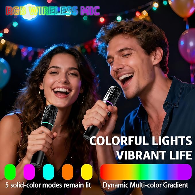 Rechargeable Wireless Microphones & Bluetooth Dual-Mics Receiver for Karaoke, Singing, Speech, DJ, 24H Battery, 200ft, RGB Light, Wireless Microphone Set for Mic/Aux/USB Port (Dual Mic, Black)