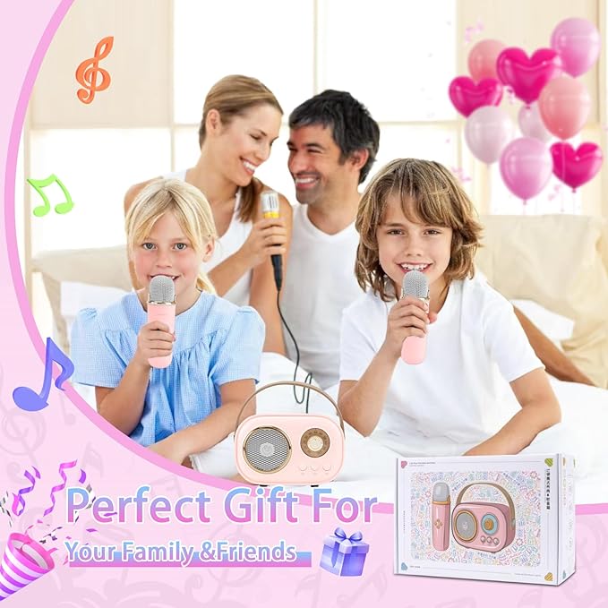 Mini Karaoke Machine for Kids,Portable Bluetooth Speaker with 2 Wireless Microphone,Toys for Girls Boys Gifts,Retro Speaker Set Stereo Sound Enhanced Bass for Home Party Birthday (Pink)