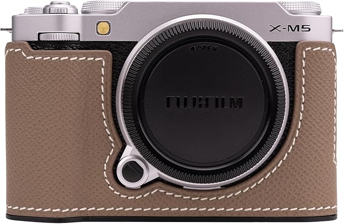 Uchandmade Handmade Genuine Leather Camera Half Case for Fujifilm X-M5/Fujifilm X-M5 Camera Case/Fujifilm X-M5 Case - Top Layer Cowhide Body + Metal Base Plate (Etoupe Gray)