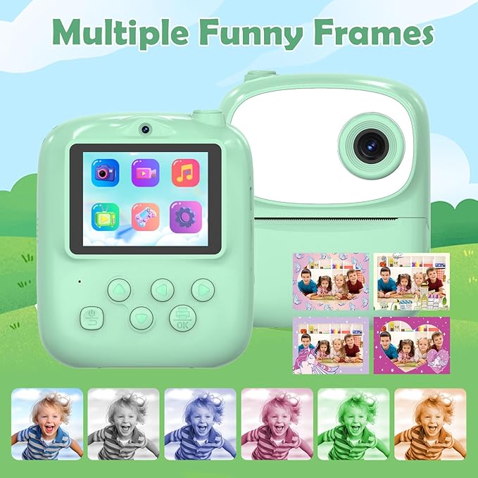 Kids Camera Instant Print for Kids with Mirror, HD Dual-Lens Selfie Digital Camera with 3 Rolls Print Paper & 32GB Card, Holiday Birthday Gifts Toys for Girls Boys Toddler. (Green)
