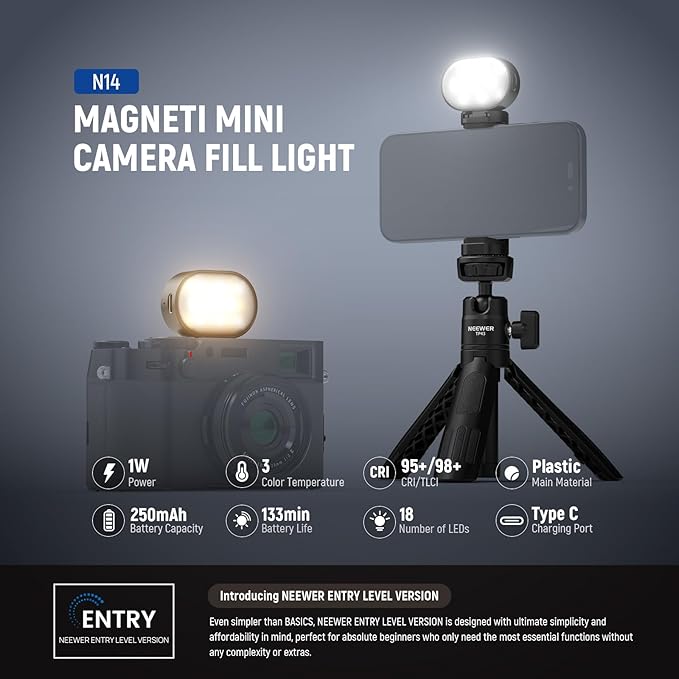 NEEWER ENTRY LEVEL VERSION Magnetic Camera Auxiliary Light for Vlog, 1W Plastic Small Cold Shoe LED Panel Lighting for Phone Cage Action Cam AC024 OSMO Pocket 3 Mount & M21, 3 Modes CRI95+ 250mAh, N14