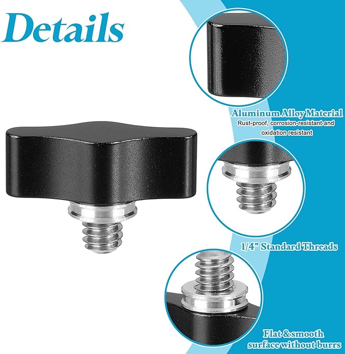 PATIKIL Clamping Screw Knob 1/4" x 0.75", 2Pcs Aluminum Alloy t Shaped Camera Thumb Screws for DSLR Flash Bracket Light Stand Adapter Action Sports Camera Mounting System, Black