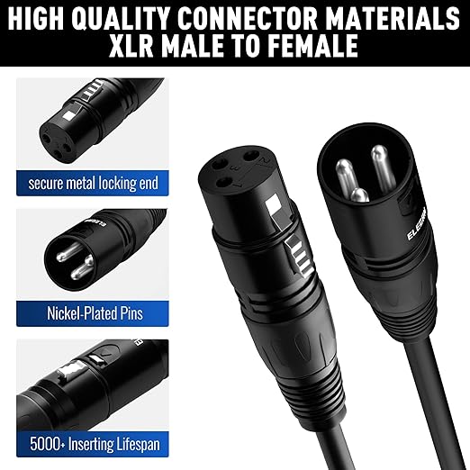 XLR Cable Microphone Cable 15 Feet,Elecan Heavy Duty Balanced XLR Speaker Cable (From 25-200FT) 3-Pin Shielded Male to Female Mic Cord,DMX Stage Lighting Patch Cable for Speaker Systems Mixer+10 Ties