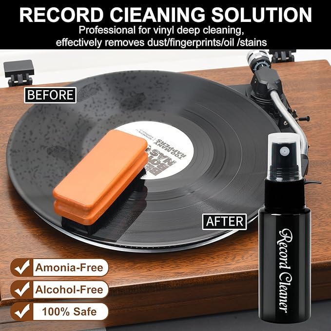 6-in-1 Vinyl Record Cleaning Kit | Vinyl Record Cleaner Kit – Includes 2in1 Velvet Microfiber Brush, Soft Antistatic Nano Fiber Brush, Cleaning Liquid, Duster & Stylus Brush, Storage Box, for Records
