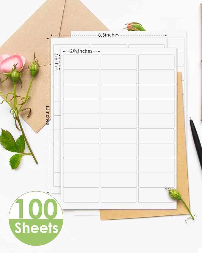 Shipping Label Return Address Mailing Stickers Paper 1" x 2-5/8" for Inkjet Printer Printing Printable Easy to Peel to Write on Envelope Blank Matte White 8.5 x 11, 100 Sheets