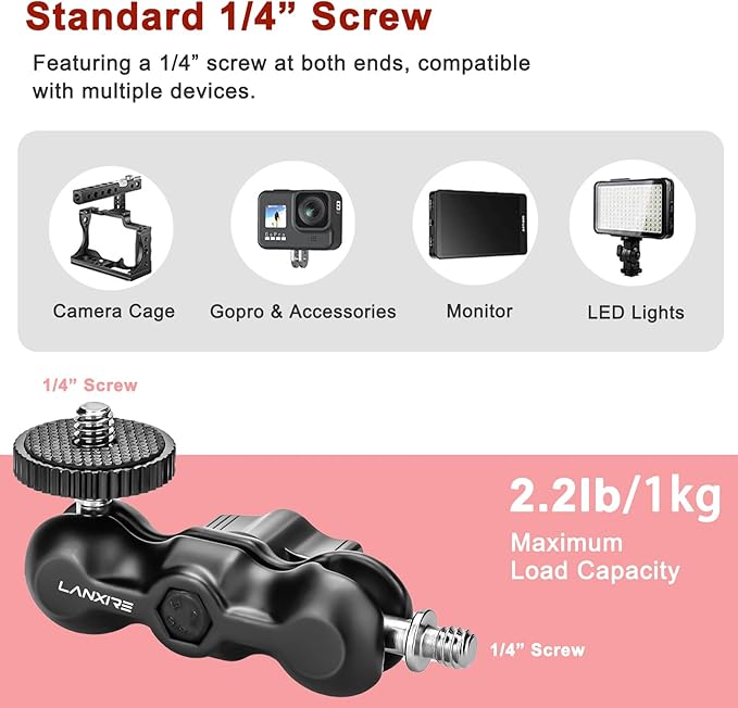 Mini Magic Arm with Dual Ball Head and 1/4'' Screw - Compatible with Super Clamp, Camera Cage, Monitor, and Microphone - Max Load 4.4lb/2kg