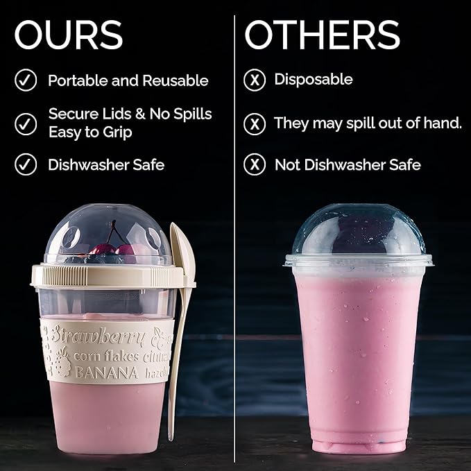 Crystalia 4 Pack 20 oz On The Go Yogurt Parfait Cups with Lids & Spoons, Reusable Yogurt Containers, Take and Go Cup with Topping Cereal or Oatmeal Container, New Colorful Set