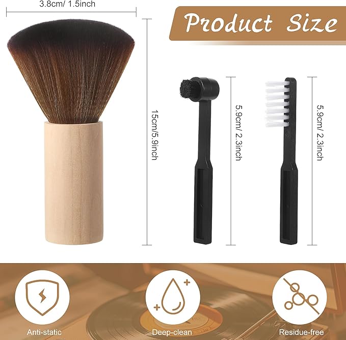3 Pcs Vinyl Record Cleaning Brush Wooden Anti Static Dust Record Vinyl Cleaner Kit Player Accessories Gift for Music Lovers(Light Wood Color)