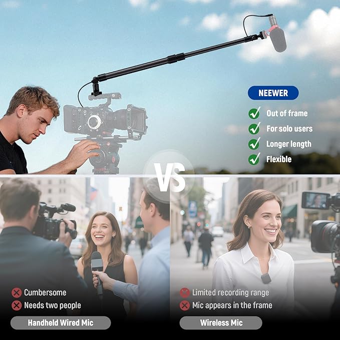 NEEWER Carbon Fiber Microphone Boom Pole, 44-92cm Extendable, Built In 3.5mm TRS Male to Female Cable, NATO Nail, Cold Shoe Mount, 180° Tilt, 500g Max Load Mic Arm for Interviews, Filmmaking, BP01