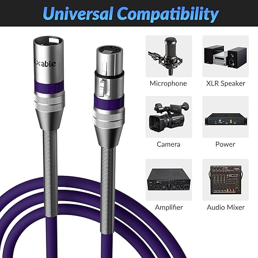 XLR Microphone Cable 100 FT, XLR Male to Female Balanced Mic Cable, 3-Pin Shielded Speaker Cord, Zinc Alloy Connectors, 22AWG Pure Copper, Metal Spring SR, Recording Studio, Podcast, Purple