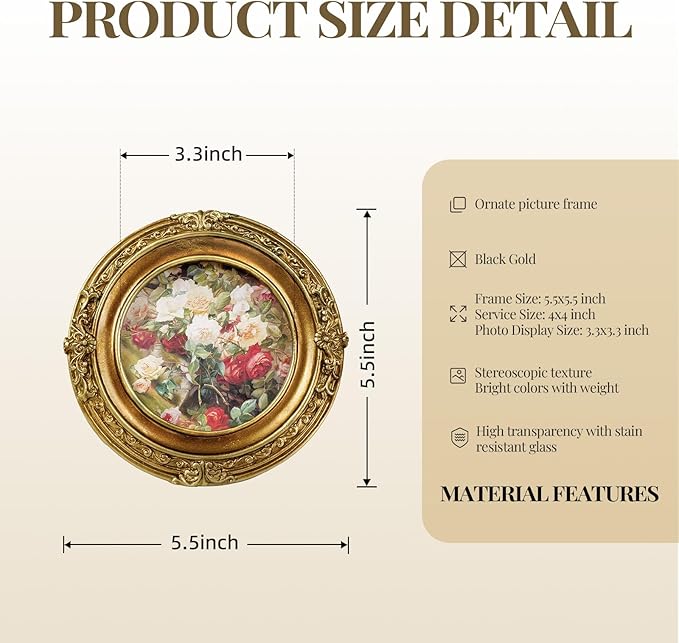 Cuspin Vintage Picture Frame 4x4 Gold Frames, Ornate Round Resin Photo Frame with Glass Front, Small Retro Circle Frame for Wall Hanging or Tabletop Display, Home Decor