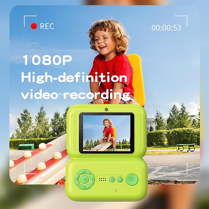 Kids Camera Instant Print, Instant Camera with 4 Roller Photo Paper & 32GB Card, 1080P Dual-Lens Digital Camera for Kids, Boys and Girls Toys Gifts for Teenage Girls Kids Toys for Ages 8-13 (Green)
