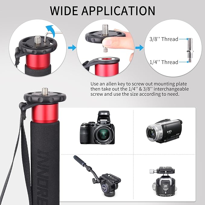 66.9in/170cm Camera Monopod INNOREL VM80A Aluminum Alloy Portable Compact Lightweight Travel Monopod with Fast Flip Lock for Canon Nikon Sony DSLR Camera Video Camcorder DV Photography Load 33lbs/15kg