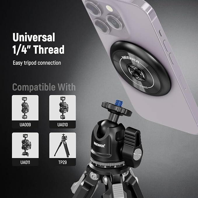 Neewer Magnetic Phone Tripod Mount Adapter with Adhesive Magnetic Ring 2 Pack Compatible with MagSafe iPhone 16 15 Pro Max Plus 14 13 12, 1/4" Thread for Video Recording Selfie Stick Ring Light, PA010