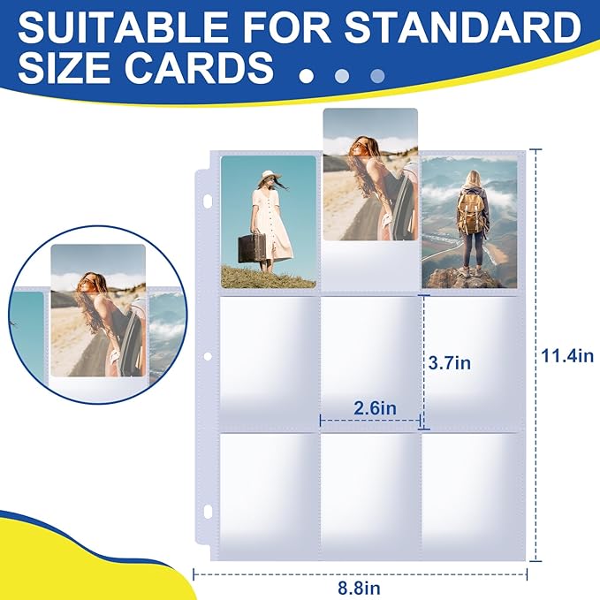 1080 Pockets Card Sleeves Binder Sheets, 9 Pocket Card Sleeves for 3 Ring Binder, Trading Cards Sleeves Fit for Baseball, Football, Game, Business Cards(60 Pages)