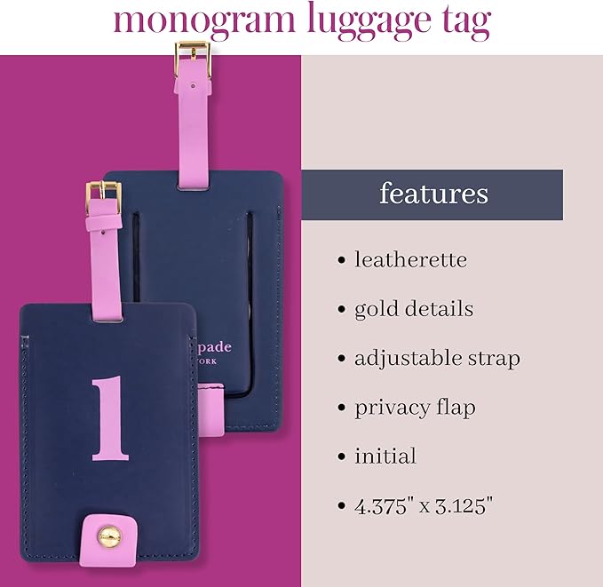 Kate Spade New York Leatherette Luggage Tag with Secure Strap, Colorful Suitcase Identifier for Travel, Monogram Bag Tag ID (L) (Pack of 2)